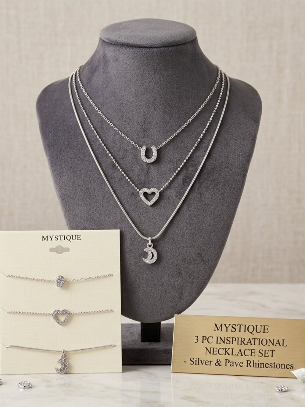 Mystique silver 3 pc Necklace set heart, moon, horseshoe on card
